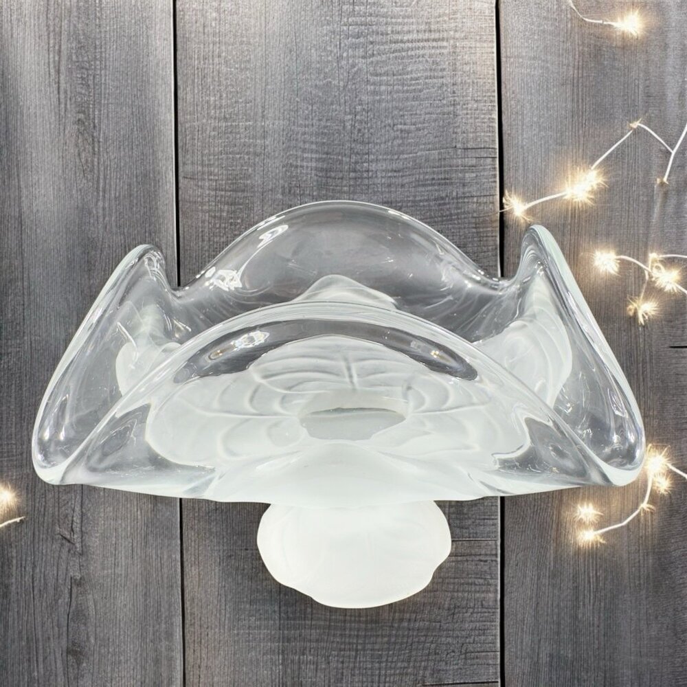 Viking Art Glass Epic Leaf Compote in Crystal Satin Frosted Clear Dish Bowl VTG